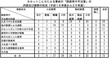 カセットコンロによる事故の「誤使用や不注意」の内容及び被害の状況(H16〜20).bmp